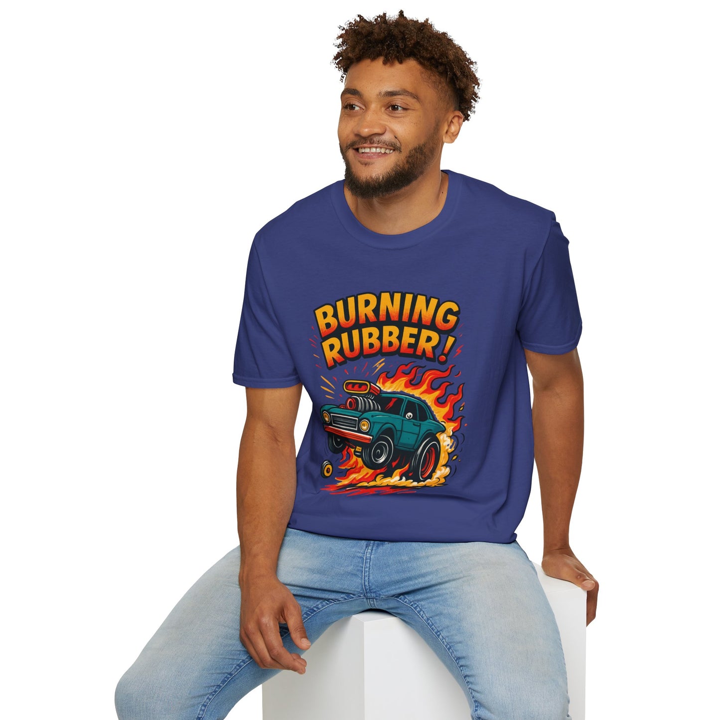 Man wearing a blue t-shirt with 'Burning Rubber!' graphic design on a white background
