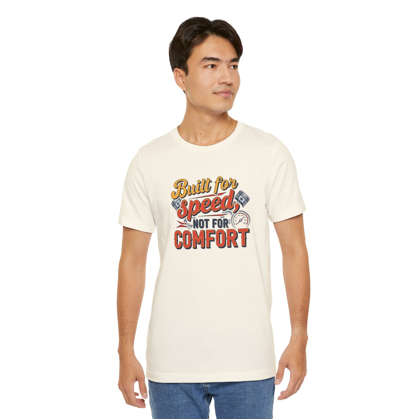 Man wearing a white t-shirt with colorful text design on a white background