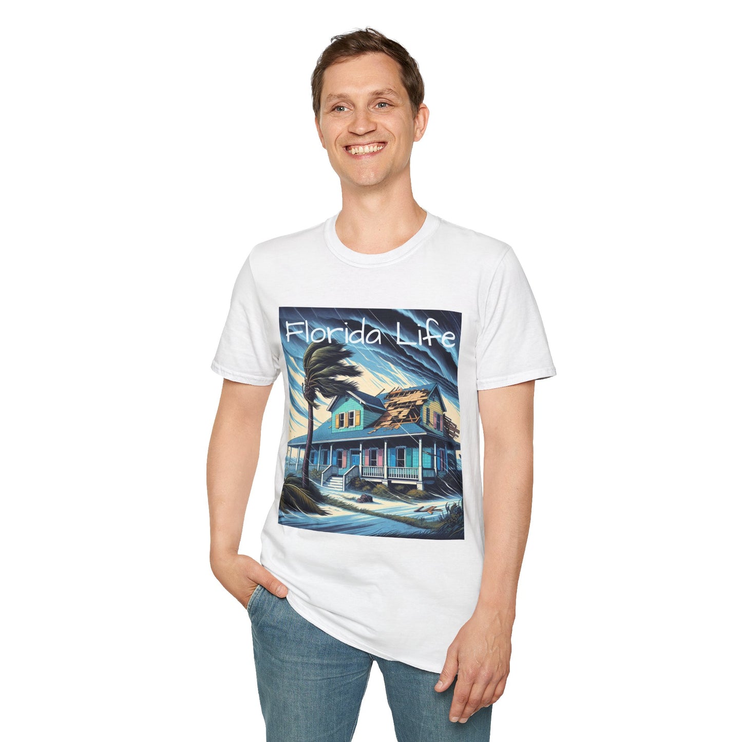 Person wearing a white t-shirt with a 'Florida Life' graphic design on a white background