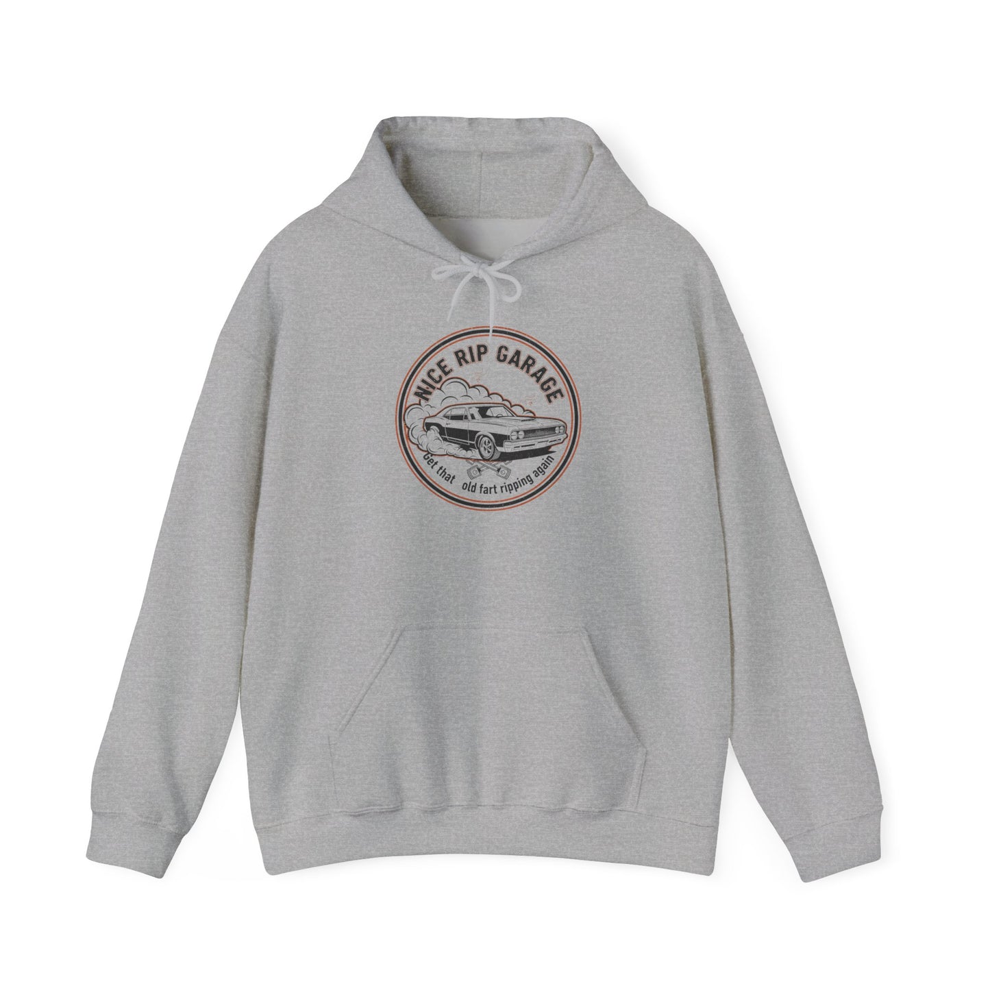 Gray hoodie with a circular logo and 'Nice Rip Garage Get that old fart ripping again' text on a white background
