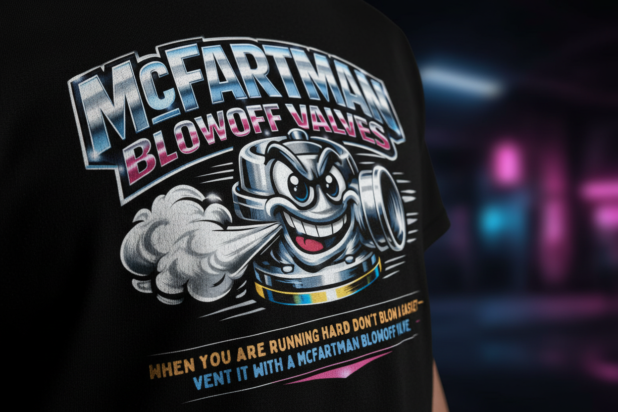 Design detail close-up of McFartman Blowoff Valves t-shirt graphic