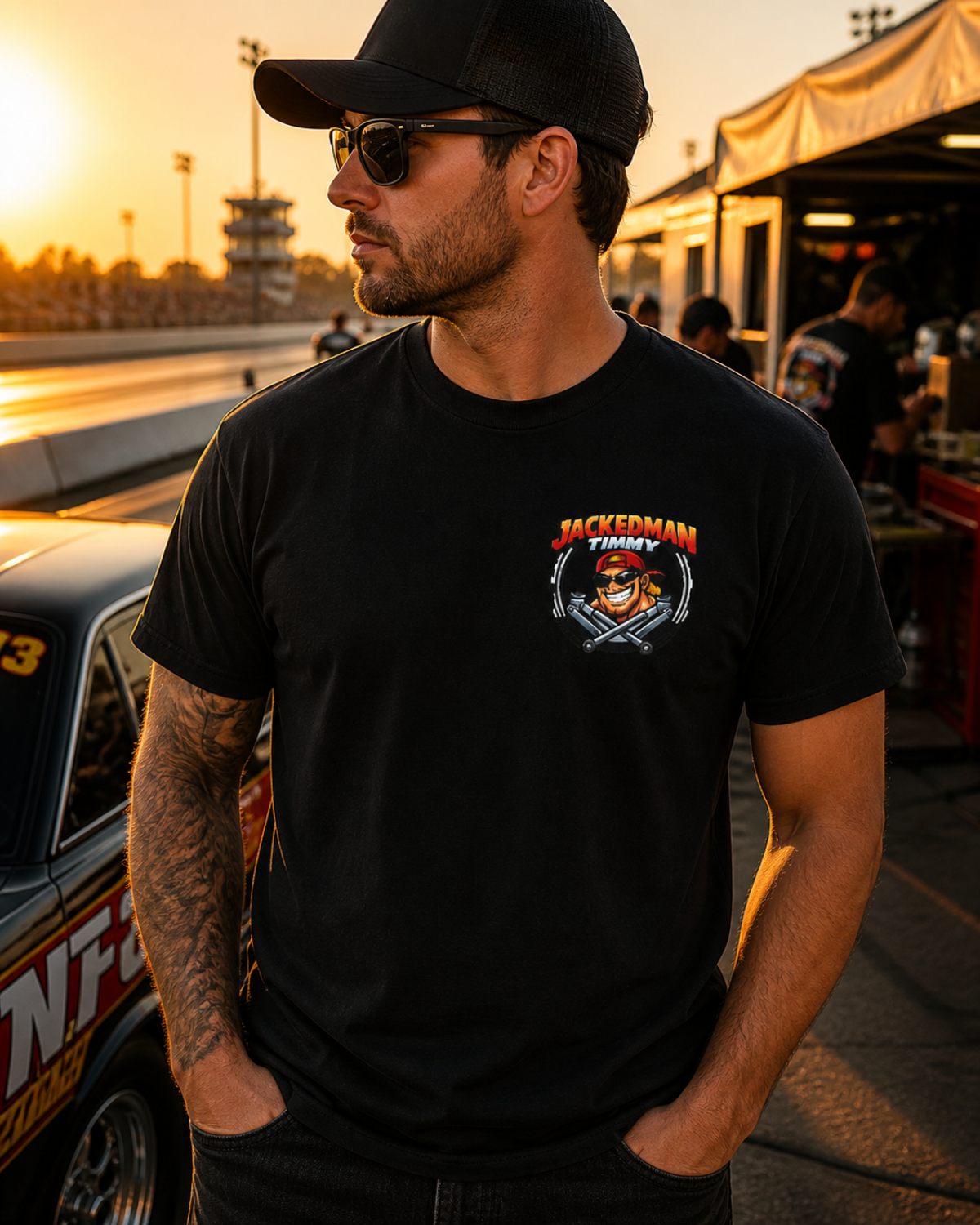 Man at a drag racing pit during sunset wearing a black t-shirt with small Jackedman Timmy logo on the front chest.