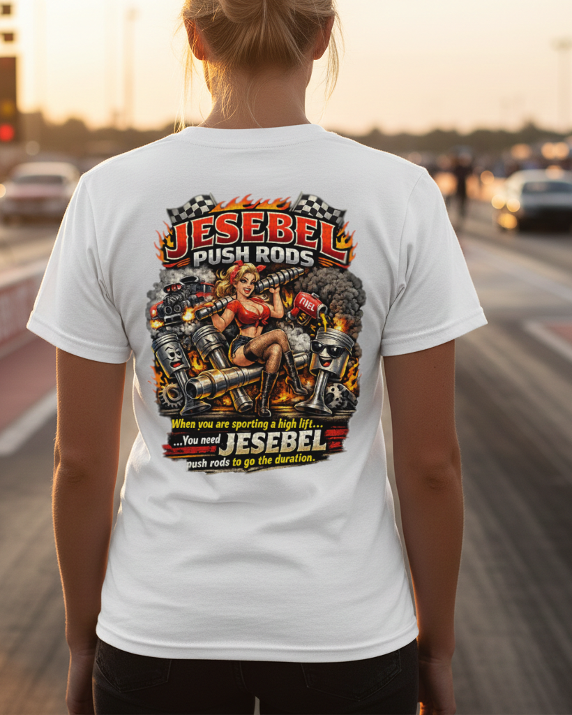 Person wearing a white t-shirt with a colorful graphic design and 'Jesebel Push Rods When you are sporting a high lift You need Jesebel push rods to go the duration' text on the back, standing on a street.