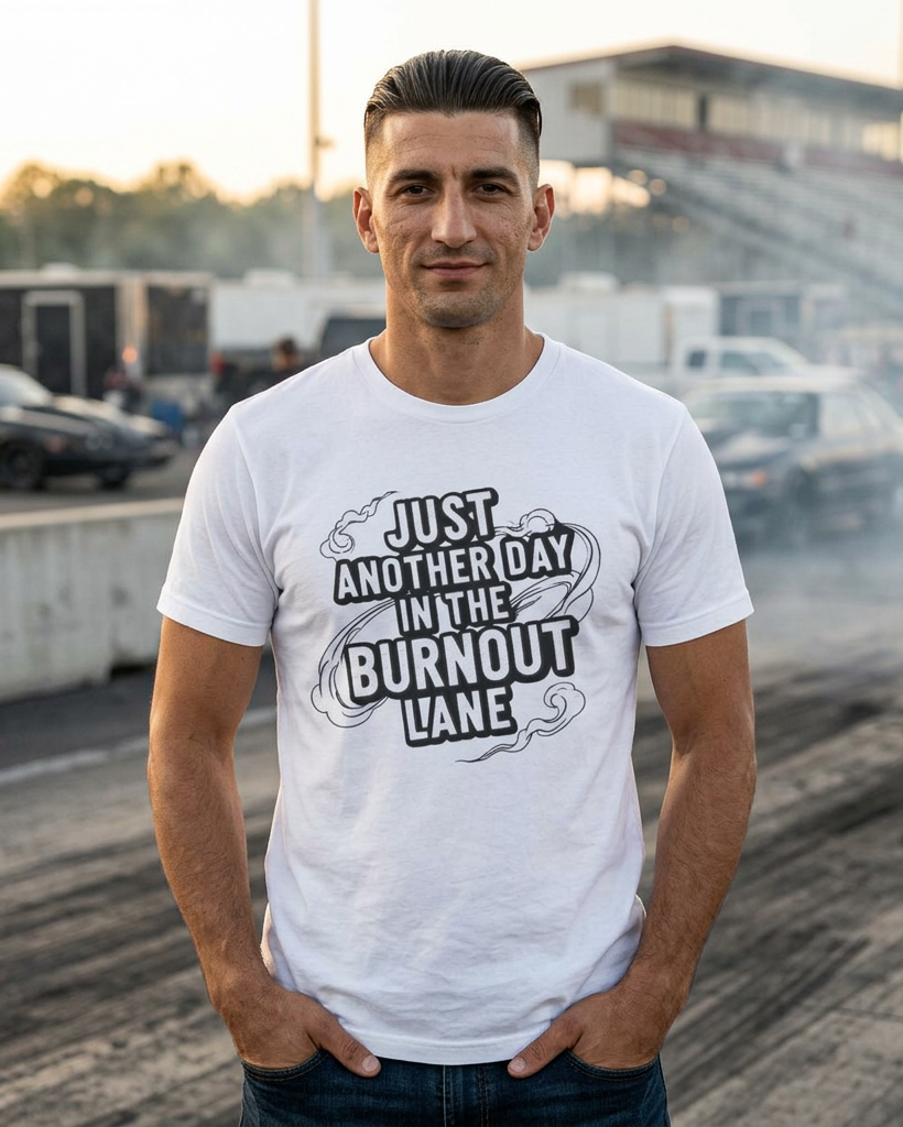 Man wearing a white t-shirt with 'Just Another Day In The Burnout Lane' text at a race track
