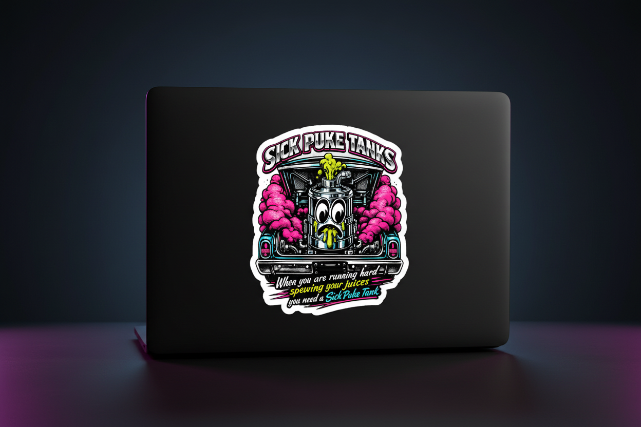 A colorful “Sick Puke Tank” kiss‑cut sticker featuring a bold, cartoon‑style engine puke tank with neon accents and playful lettering. The design has a bright, high‑contrast motorsport aesthetic and a clean white border around the edges, placed on the back of a laptop