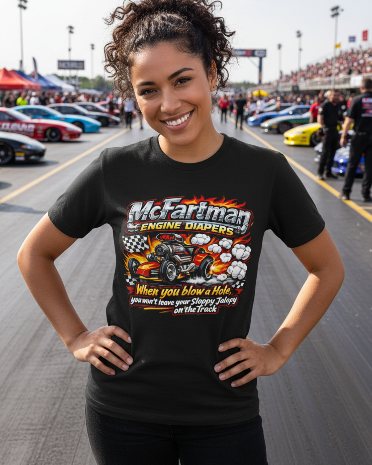 McFartman Engine Diapers Black T-Shirt Female Model Lifestyle Mockup