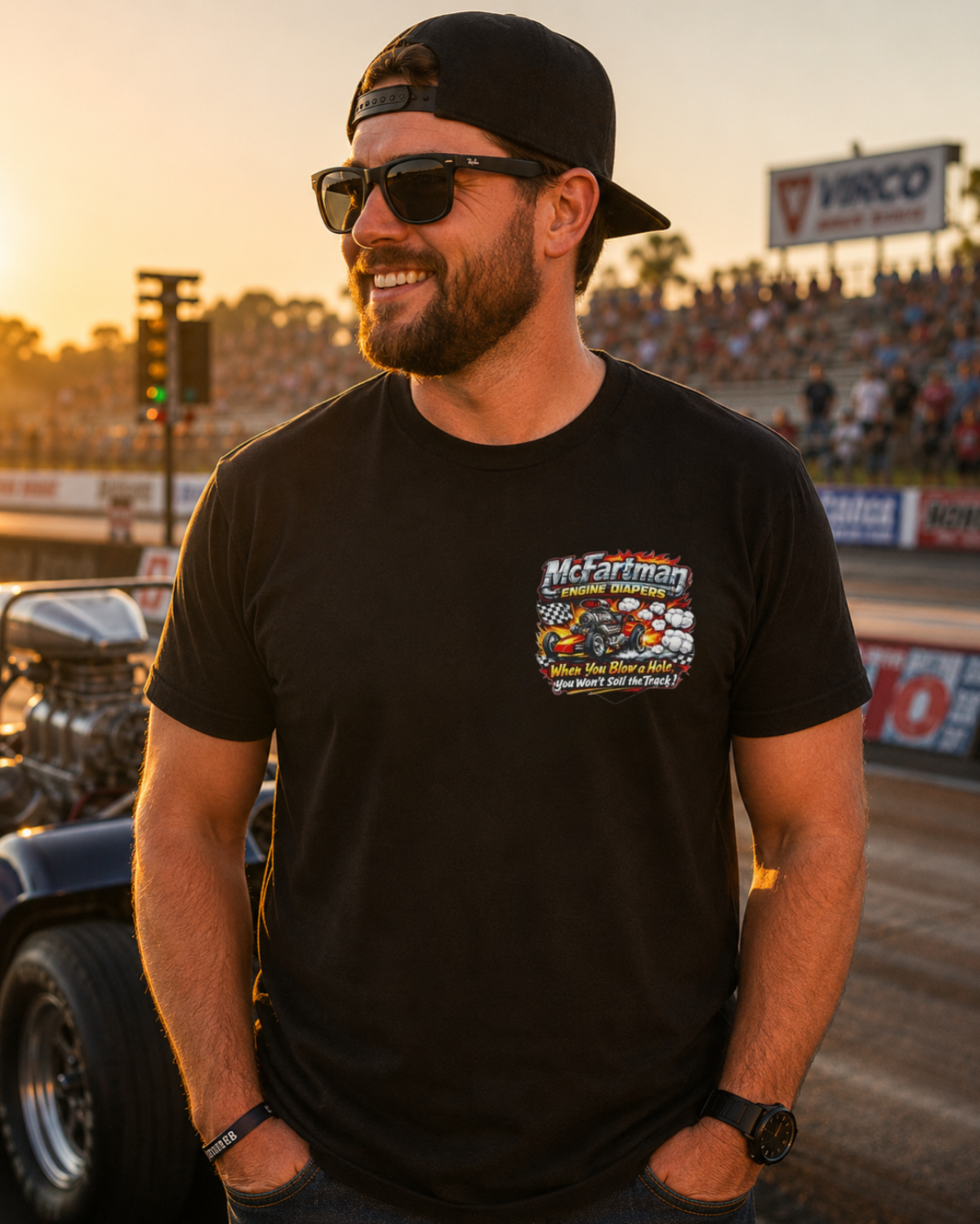 Man wearing a black Bella+Canvas 3001 McFartman Engine Diapers drag racing t-shirt at a drag strip during golden hour. Front chest logo features a funny blown engine race car graphic with flames and the phrase “When You Blow a Hole, you won’t soil the track.” Cinematic motorsports lifestyle photo with race car and grandstands in the background.