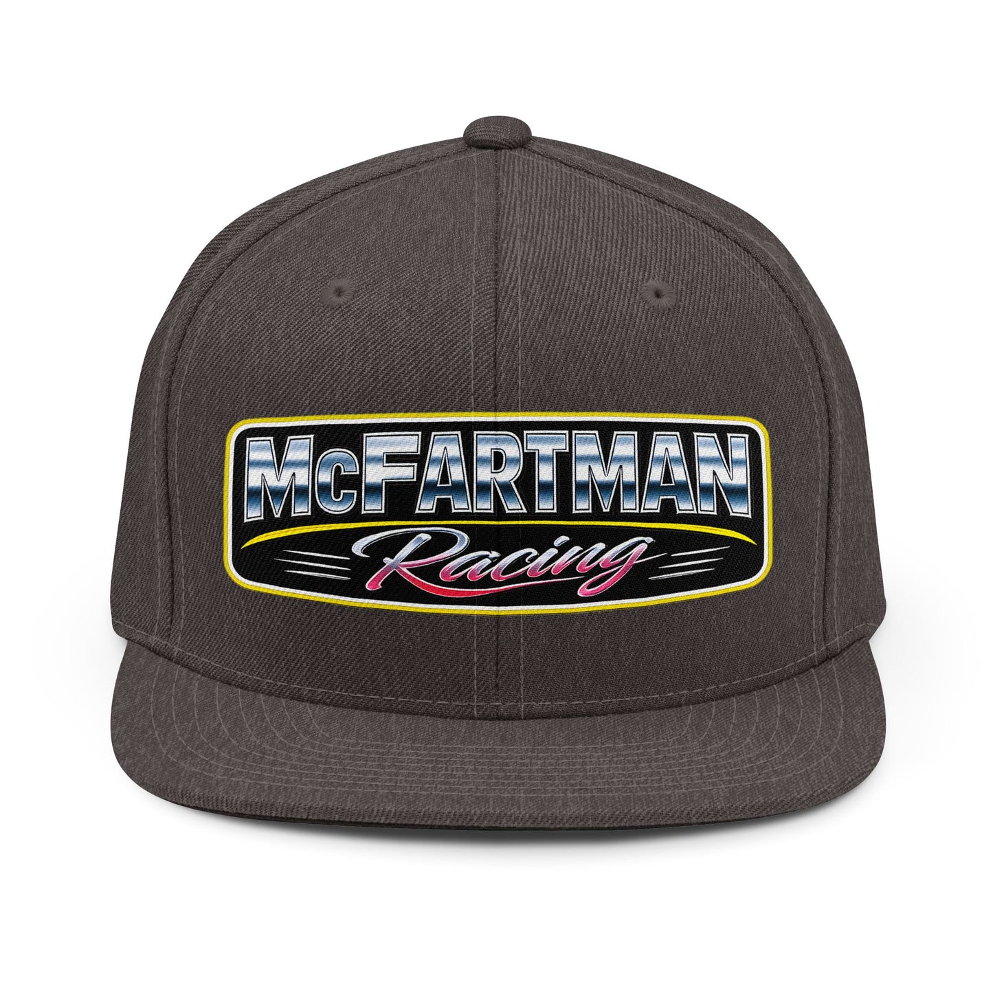McFartman Racing flat bill snapback hat in dark heather – motorsports humor hat for drag racing fans