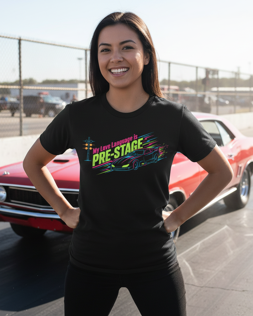 Woman wearing a black t-shirt with colorful text 'My Love Language is Pre-Stage' and graphic, standing in front of a red car on a track.
