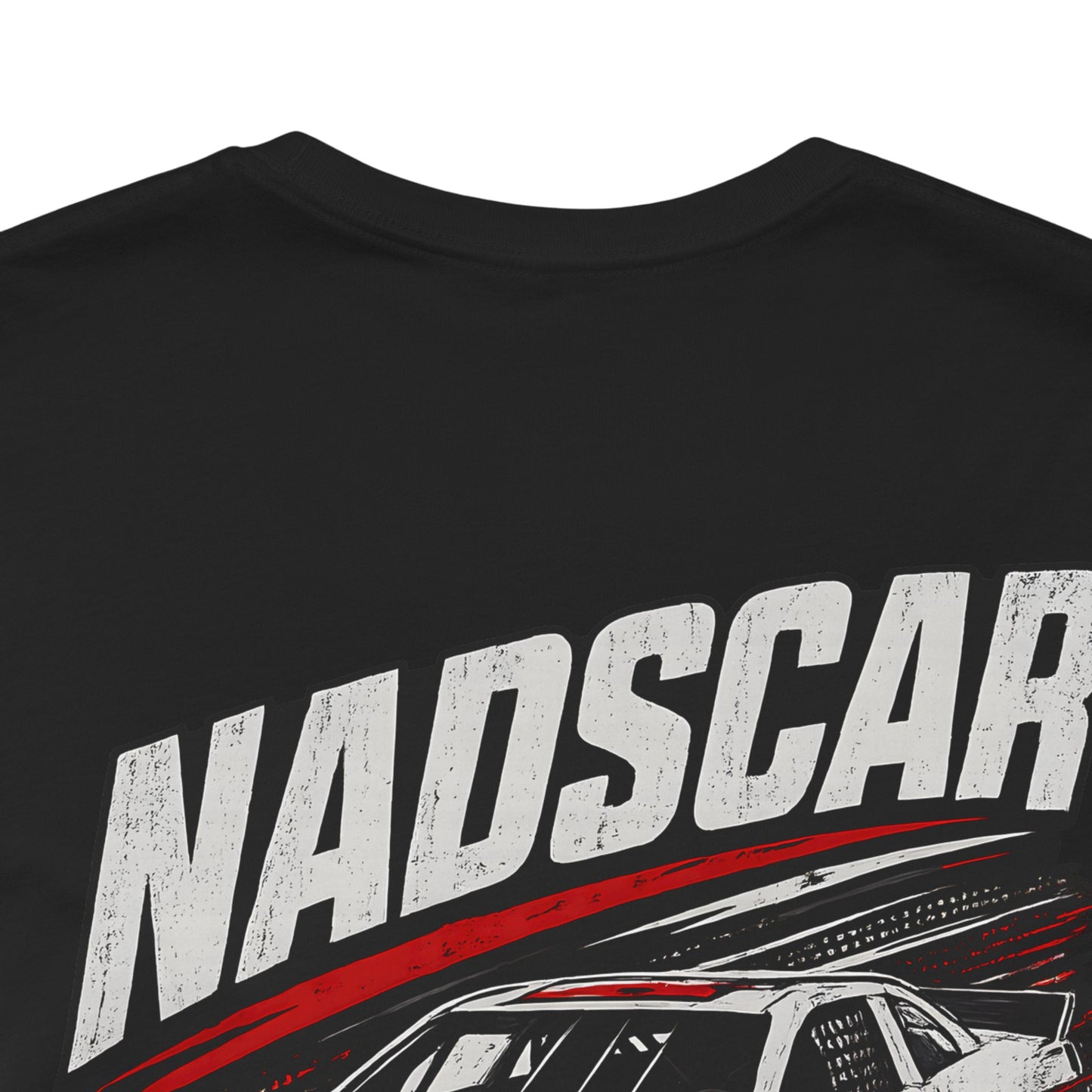 Black t-shirt with 'NADSCAR' text and car graphics on a white background