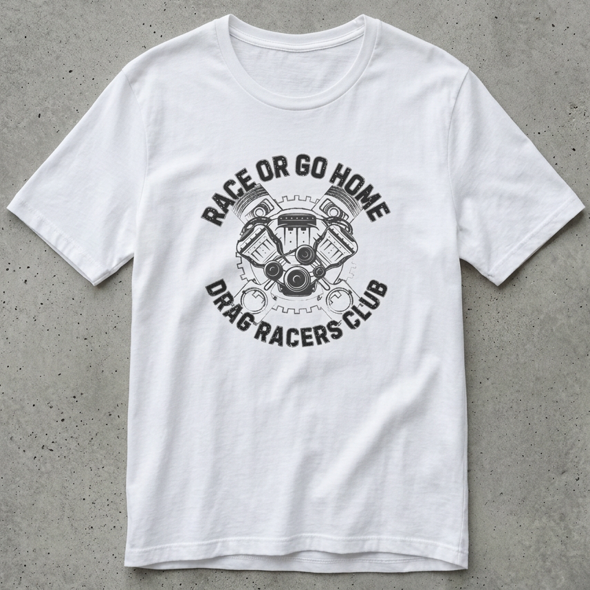 White t-shirt with graphic design and 'RACE OR GO HOME DRAG RACERS CLUB' text on a concrete floor