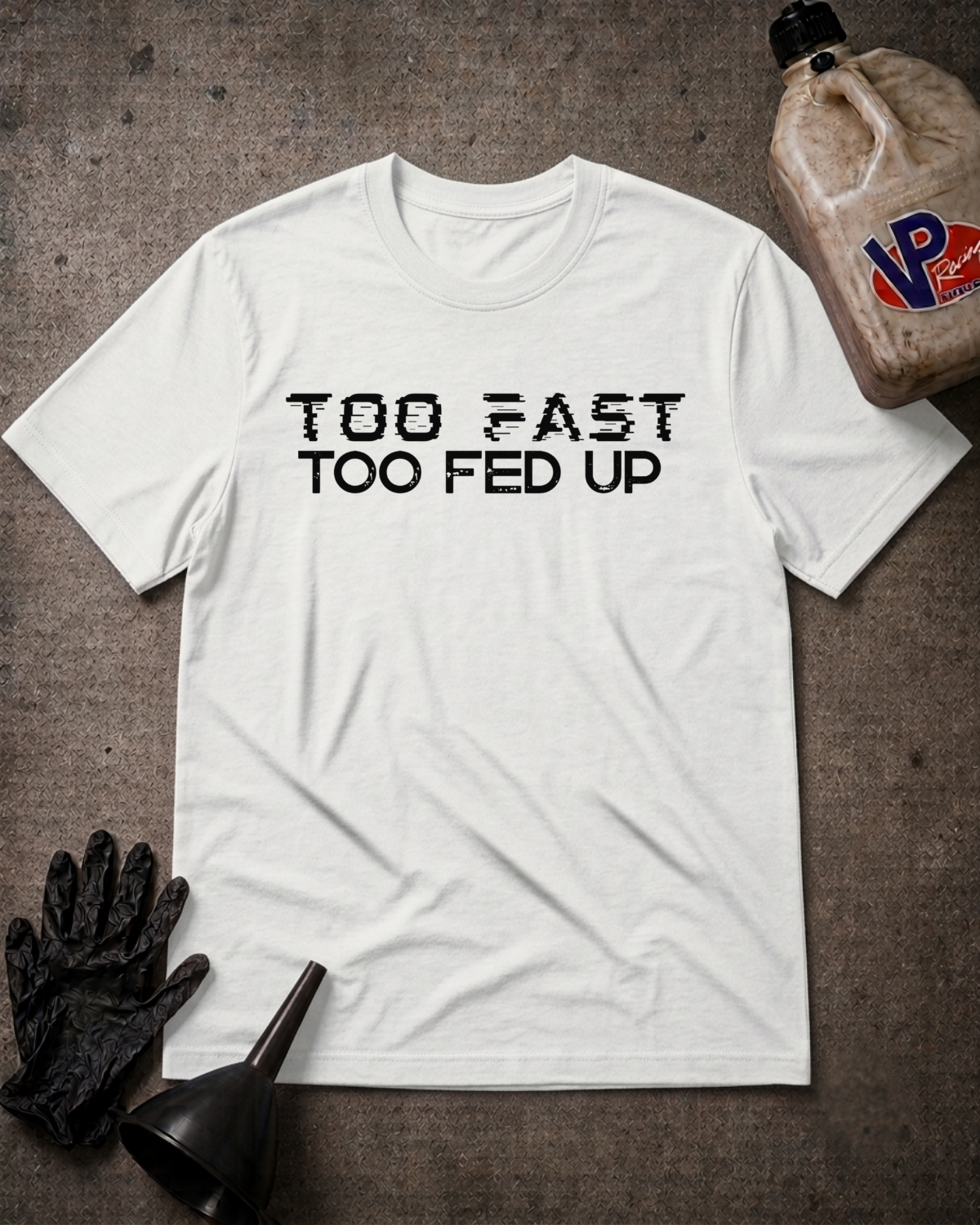 A white short-sleeve t-shirt with the text 'TOO FAST TOO FED UP' printed in black across the chest, laid flat on a dark textured surface with black gloves, a funnel, and a VP Fast Fuel tank jug nearby.