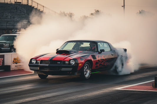 1980 Chevrolet Camaro drag racing car performing burnout with white tire smoke at drag strip