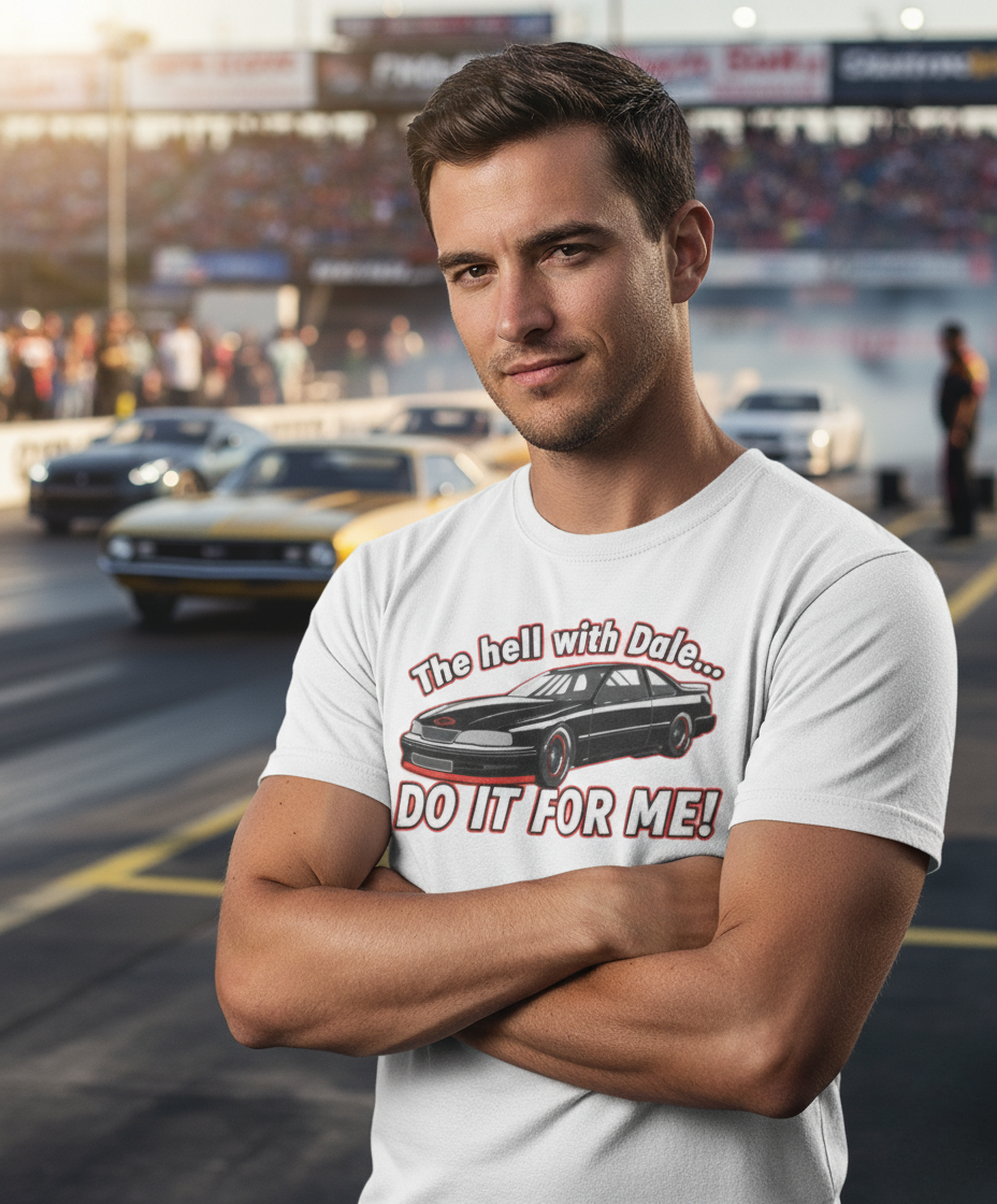 Man wearing a t-shirt with a car graphic and text 'The hell with Dale Do it for me' at a race track.