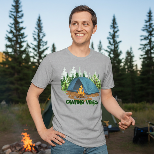 Person wearing a gray t-shirt with a 'Camping Vibes' design with a camp background
