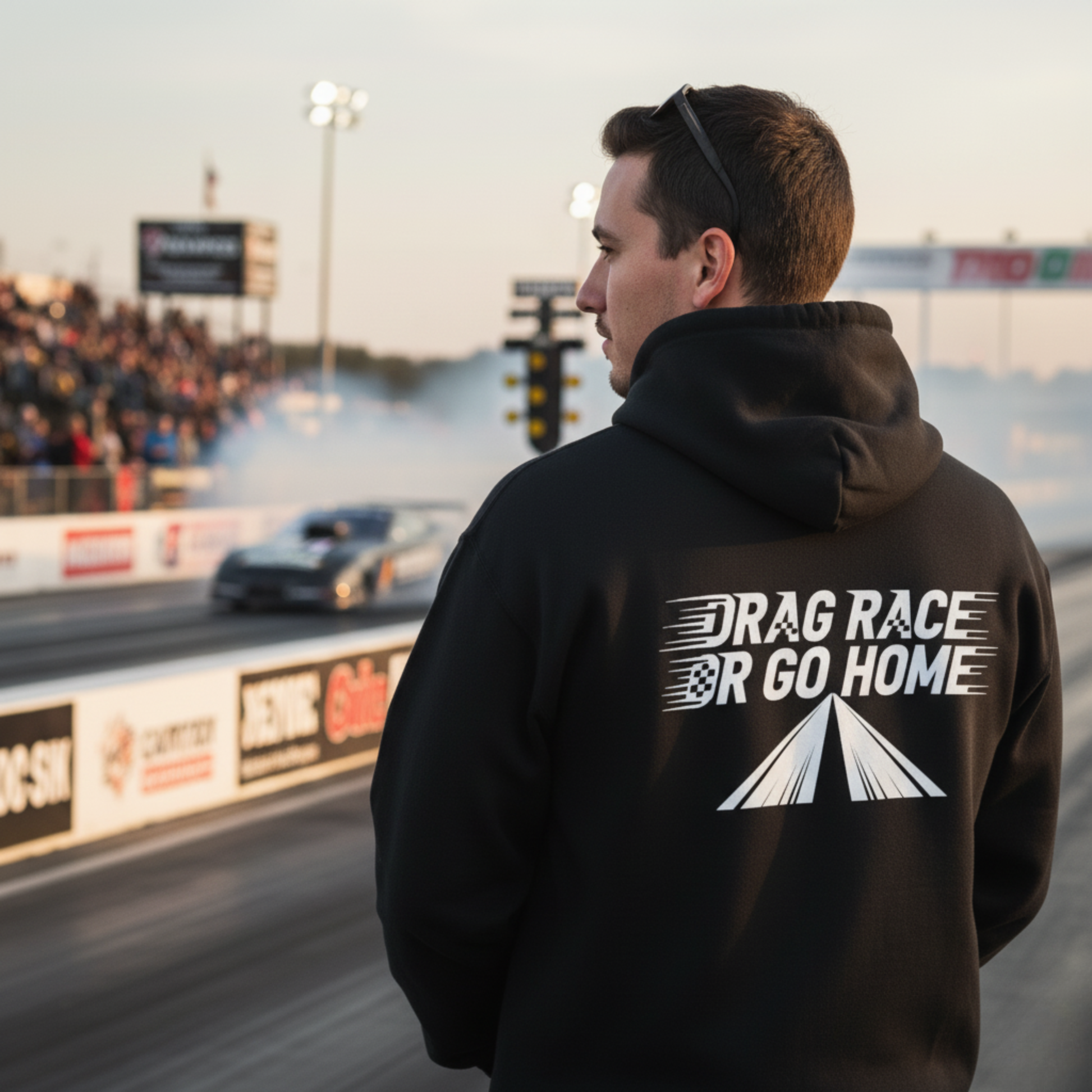 Person wearing a black hoodie with 'Drag Race or Go Home' text on the back at a race track.
