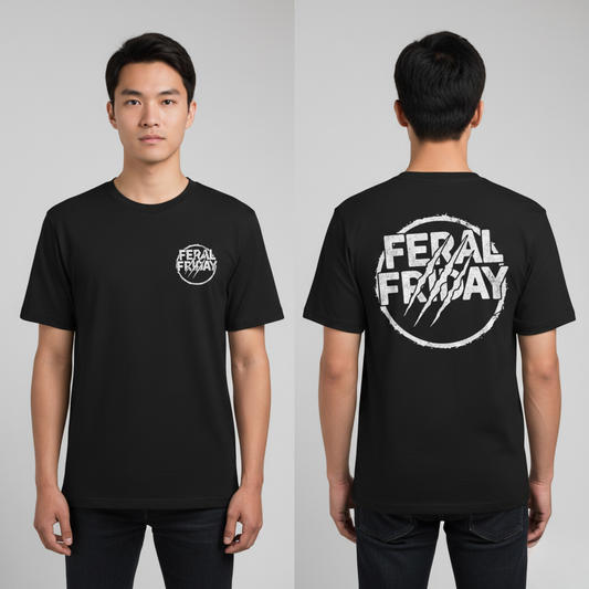 Black t-shirt with 'Feral Friday' logo on front and back worn by a person