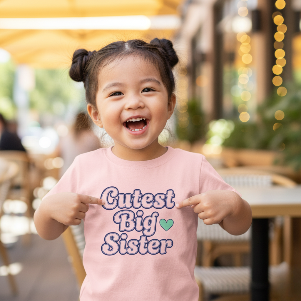 Child wearing a pink shirt with 'Cutest Big Sister' text, pointing at it, in an outdoor setting.