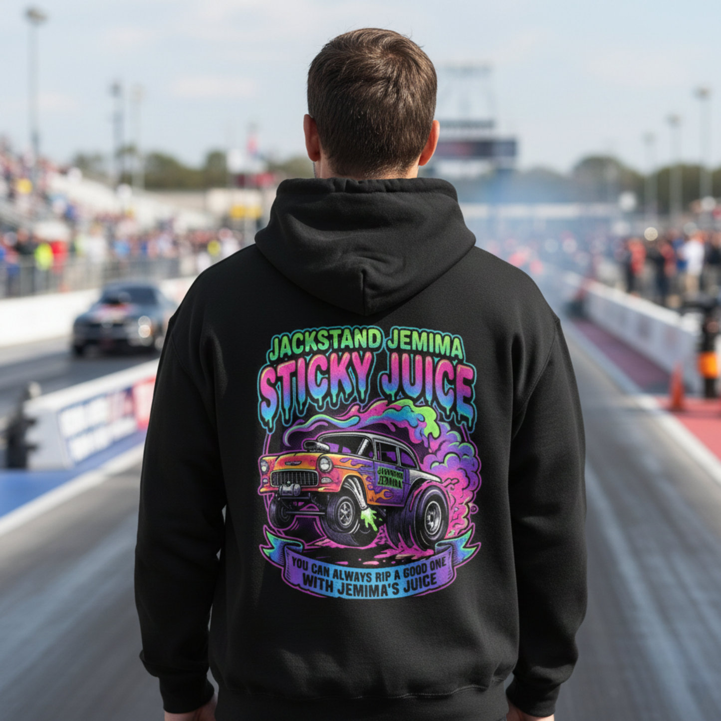 Person wearing a black hoodie with colorful graphic design and 'Jackstand Jemima Sticky Juice You Can Always Rip A Good One With Jemima's Juice' text at a race track.