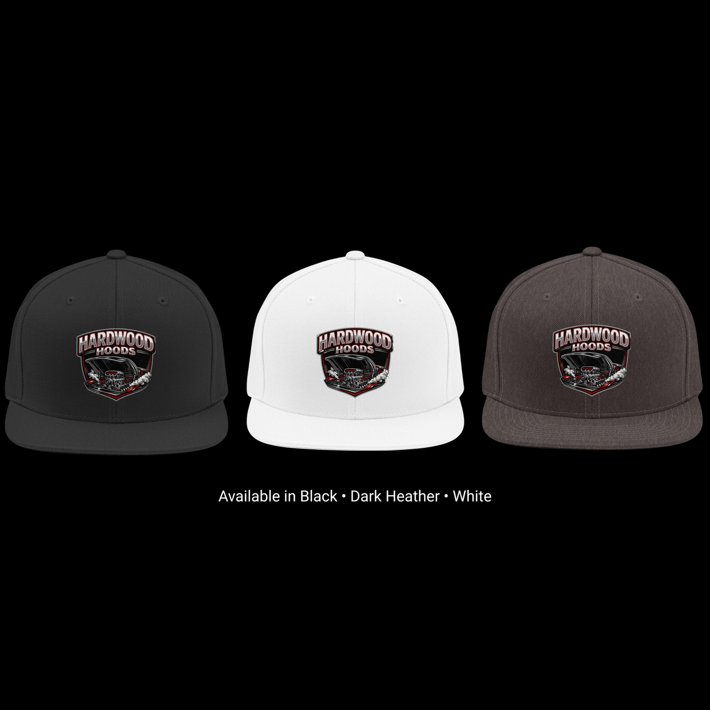 Three caps in black, white, and dark gray with a logo on a white background.