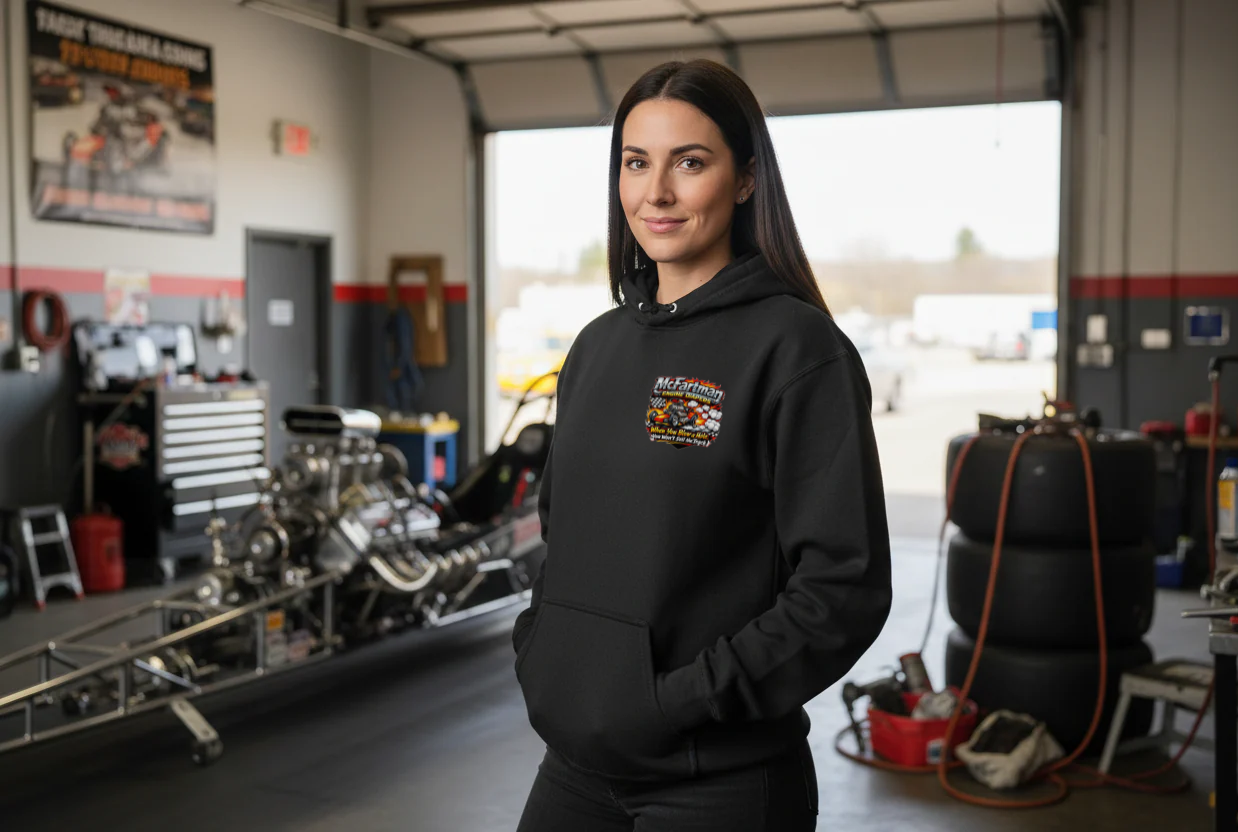 Woman wearing a black hoodie with a 'McFartman Engine Diapers' logo in a garage setting