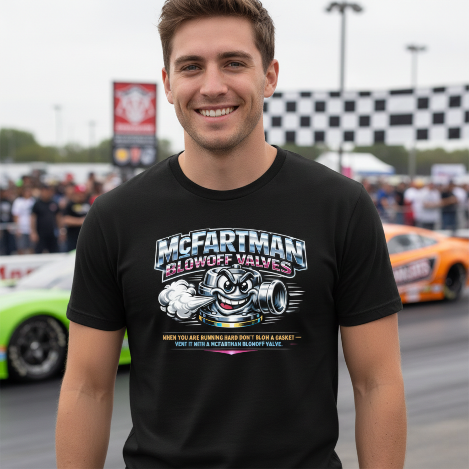 Man wearing a black t-shirt with 'McFartman Blowoff Valves' graphic at a race track.