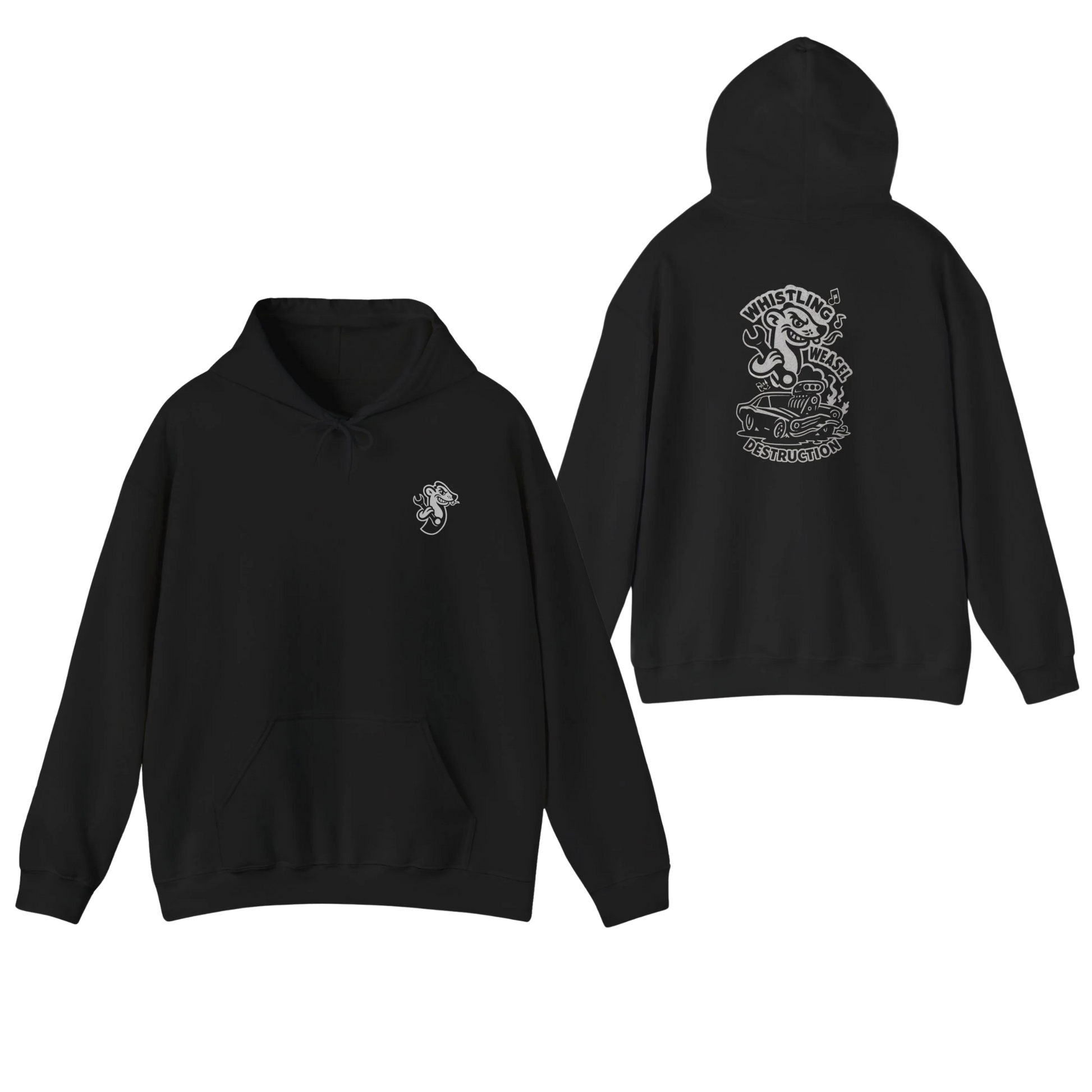 Black Gildan 18500 hoodie shown from front and back. Front features a small white graphic of a cartoon weasel holding a wrench on the left chest. Back displays a bold flame-spitting muscle car design. Ideal for drag racing fans, pit crew gear, and motorsport lifestyle apparel.