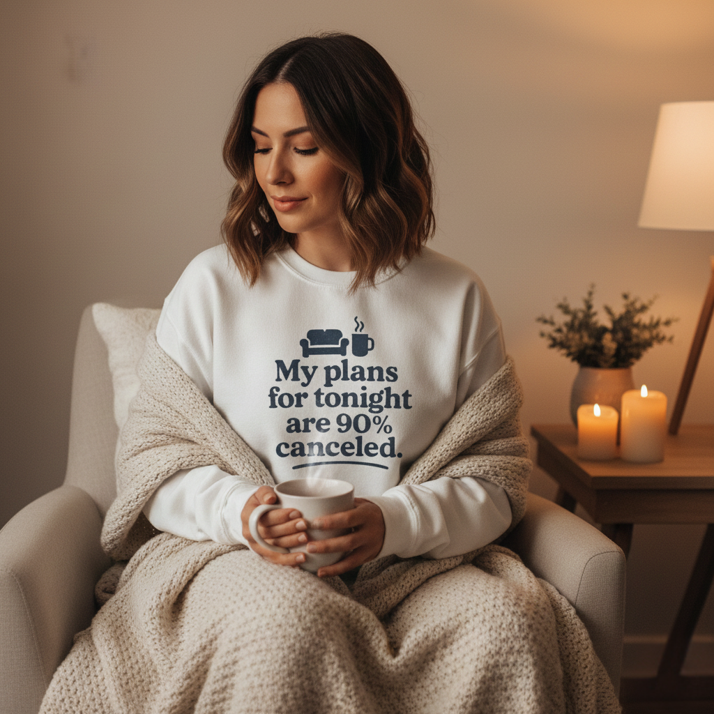 Woman sitting in a cozy room holding a mug, wrapped in a blanket with a humorous text 'My plans for tonight are 90 percent canceled' on her sweater.