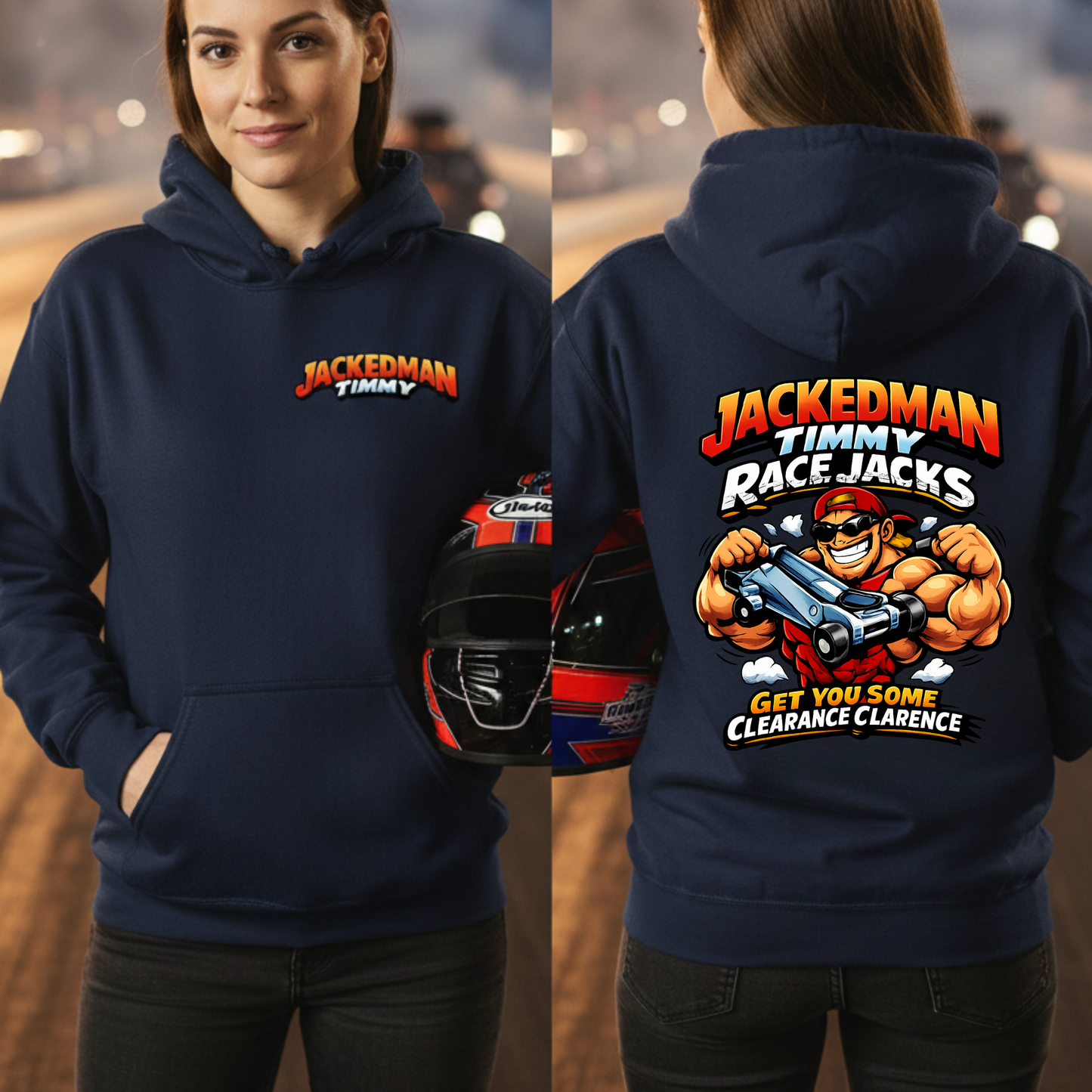 Navy blue hoodie with 'Jackedman Timmy Race Jacks' design on a blurred race track background