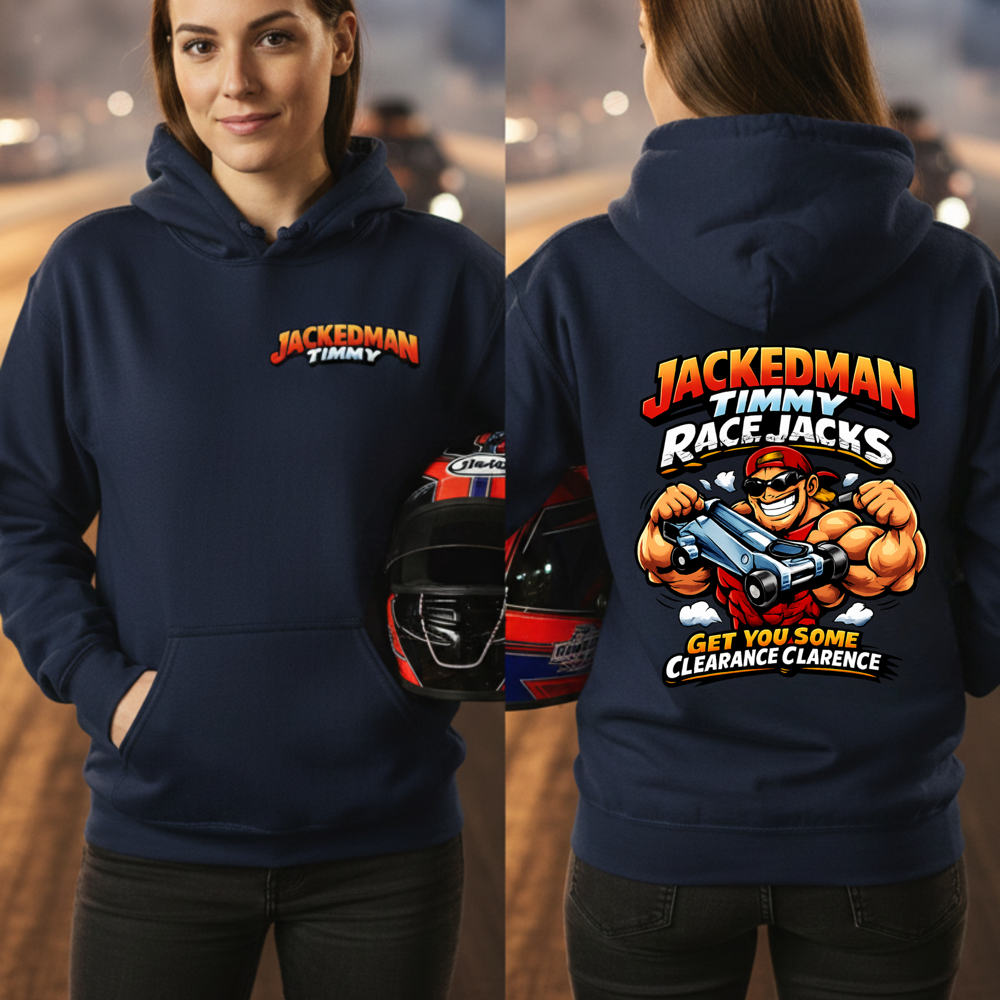 Navy blue hoodie with 'Jackedman Timmy Race Jacks' design on a blurred race track background