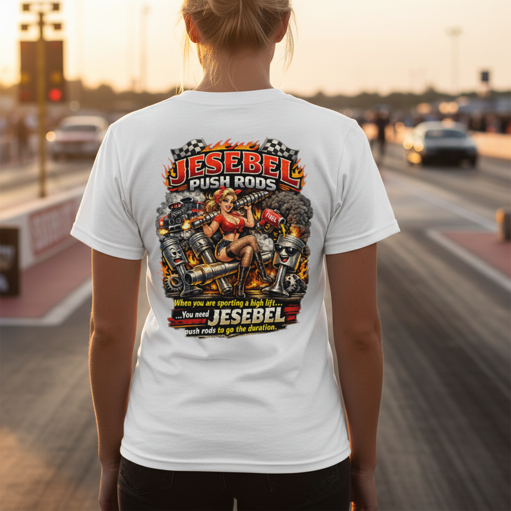 Person wearing a white t-shirt with a colorful graphic design and 'Jesebel Push Rods When you are sporting a high lift You need Jesebel push rods to go the duration' text on the back, standing on a street.