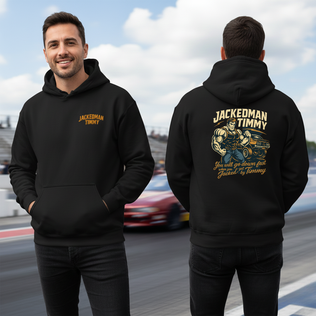 Man wearing a black hoodie with 'Jackedman Timmy' branding on a race track.