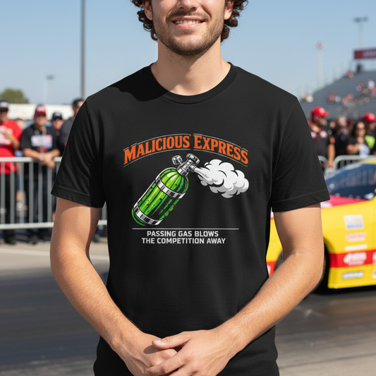 Man wearing a black t-shirt with 'Malicious Express' graphic at a drag racing event.