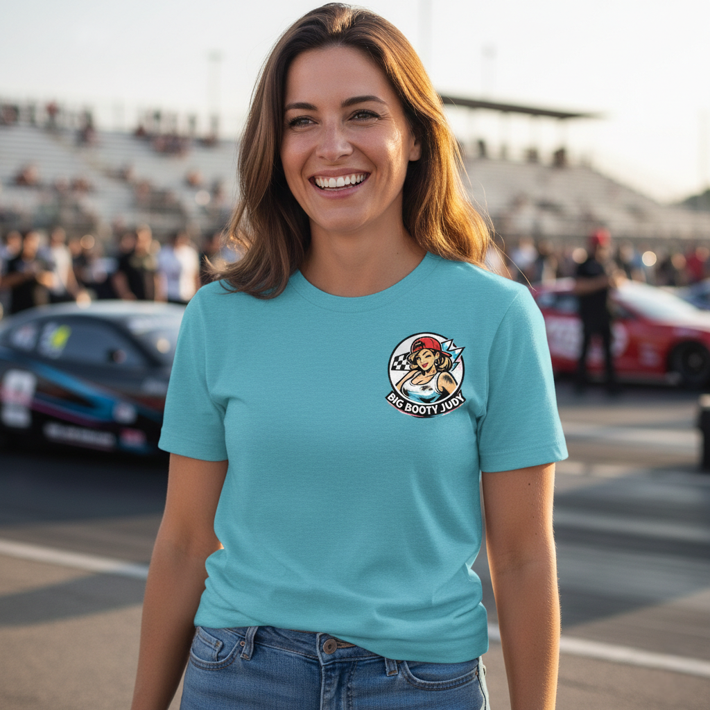 Woman wearing a blue t-shirt with a 'Big Booty Judy' logo graphic design at a race track.