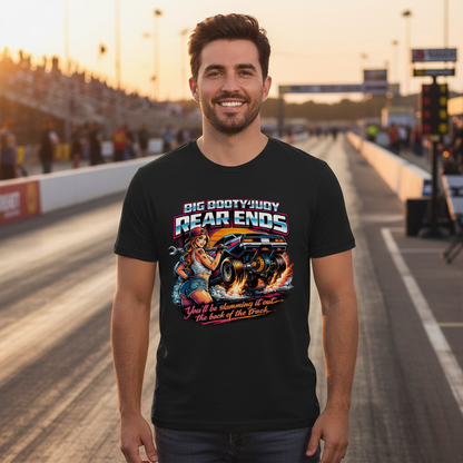 Man wearing a black t-shirt with a 'Big Booty Judy Rear Ends' graphic design on a race track at sunset.