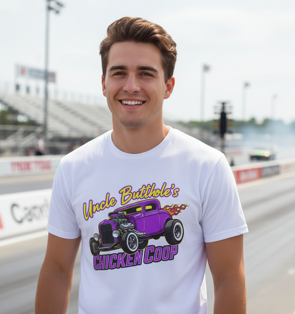 Man wearing a white Bella+Canvas 3001 t-shirt with Uncle Butthole's Chicken Coop purple hot rod t-shirt with flaming drag racer graphic 