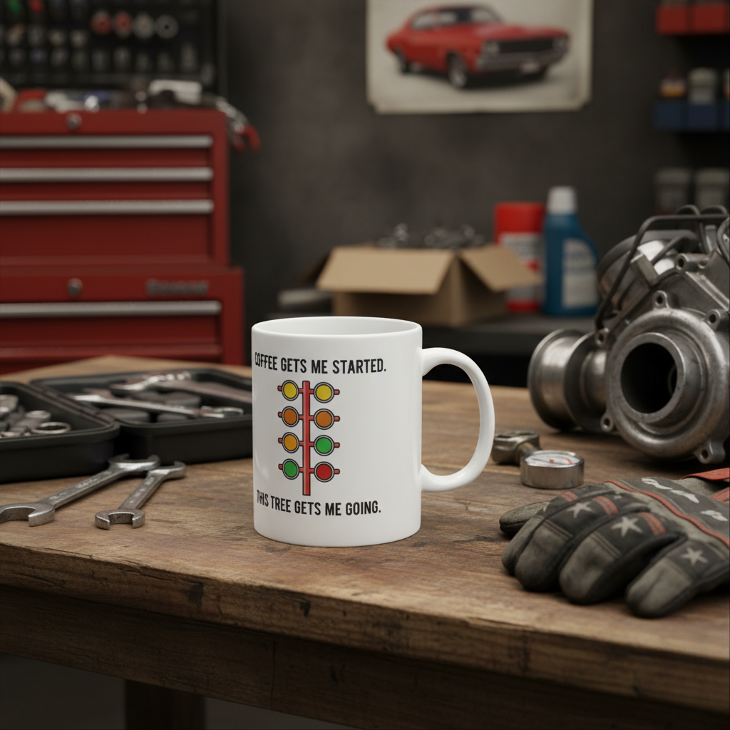 White mug with traffic light design on a workshop table with tools and car parts.