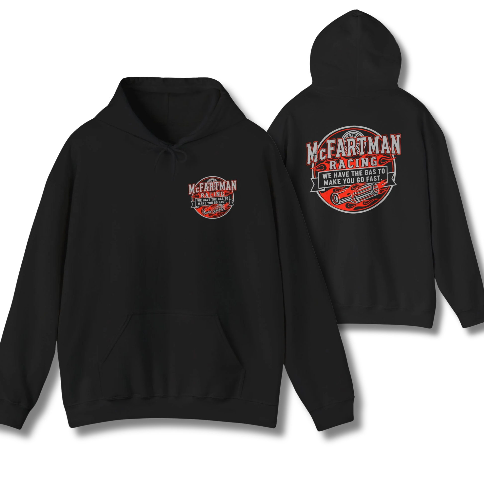 Black hoodie with McFartman Racing logo on front and back