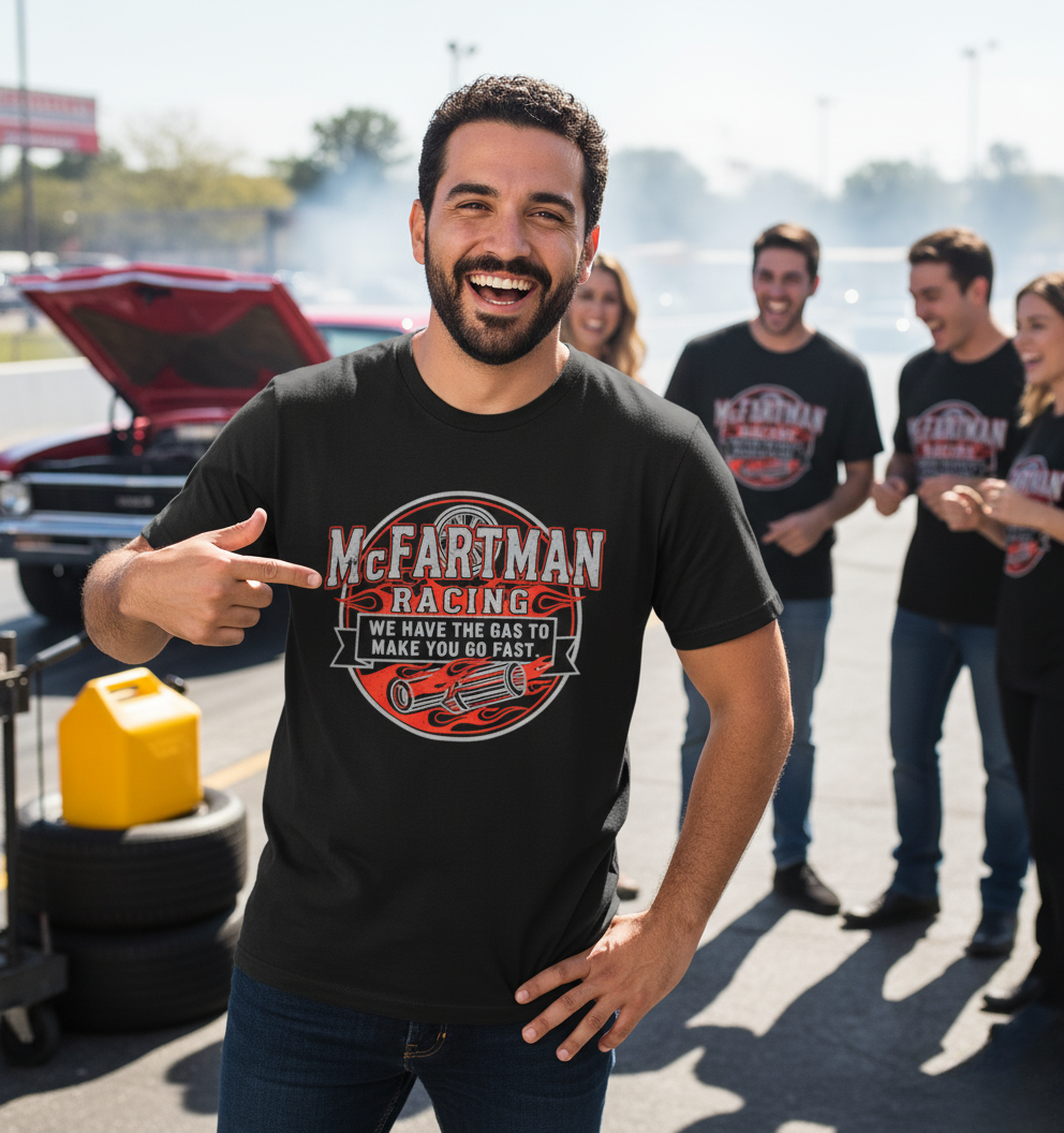 Man wearing a black t-shirt with 'McFarman Racing' design, standing in front of a group of people at a drag racing event.