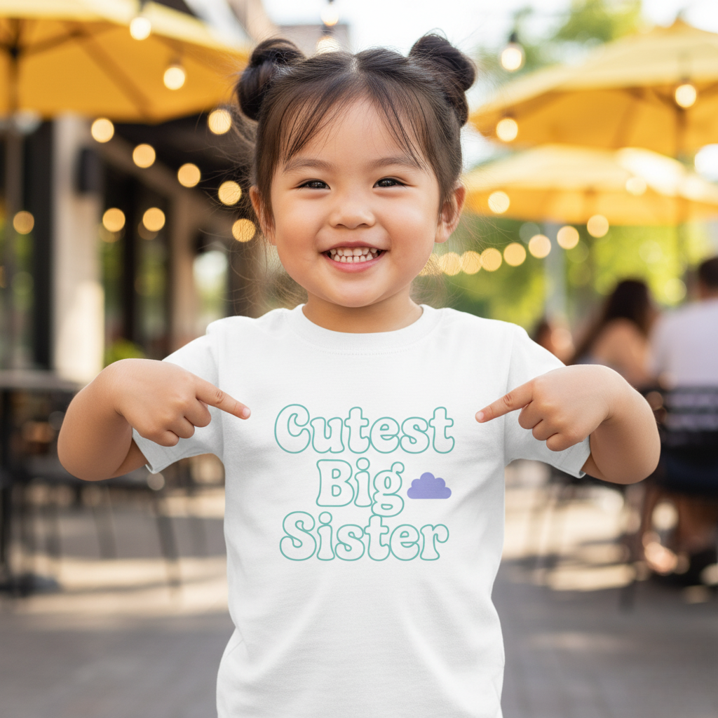 Child wearing a 'Cutest Big Sister' shirt outdoors with blurred background