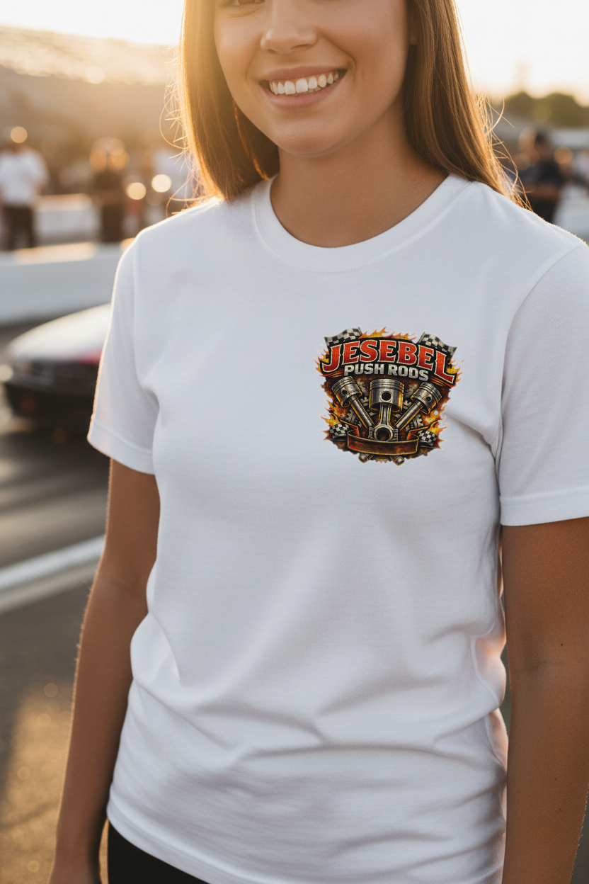Woman wearing a white t-shirt with a colorful logo and 'Jesebel Push Rods' text, standing outdoors.