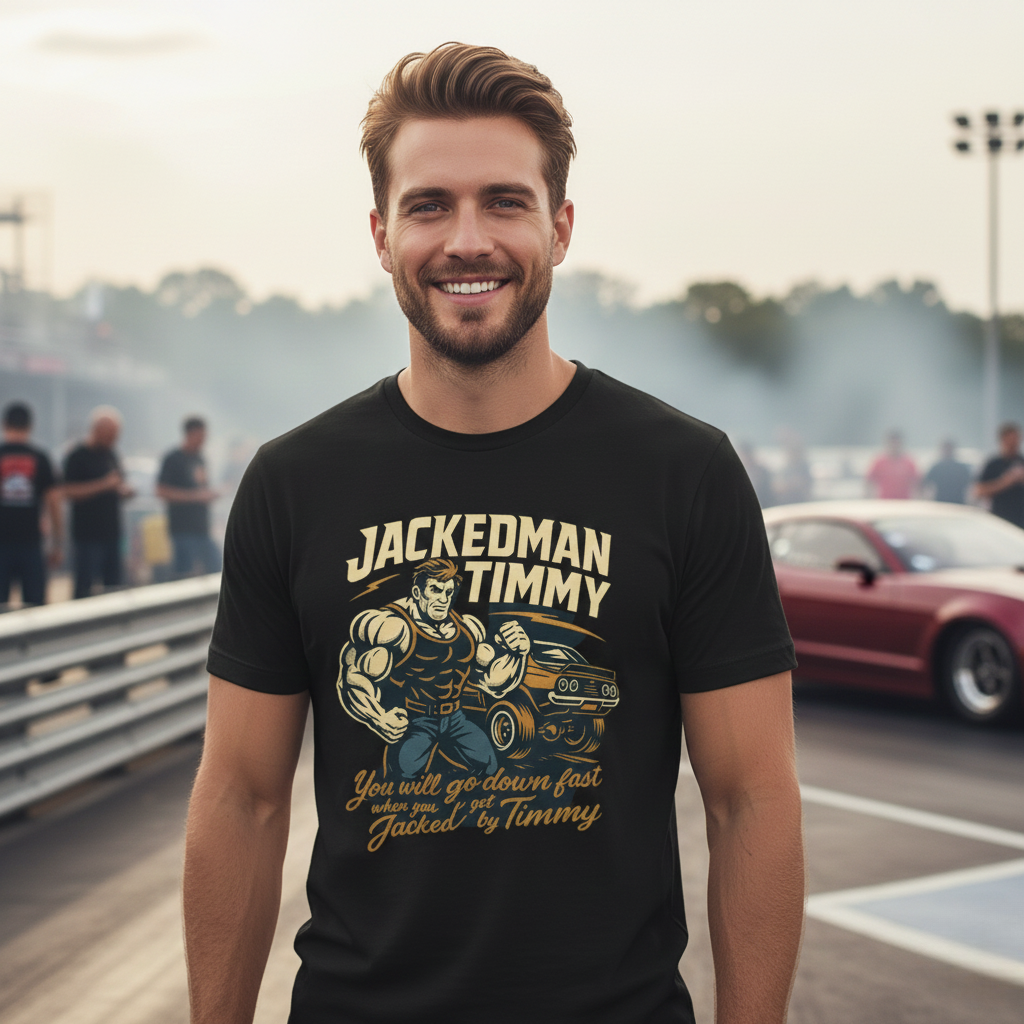 Man wearing a black t-shirt with 'Jackedman Timmy' graphic design at a race track.
