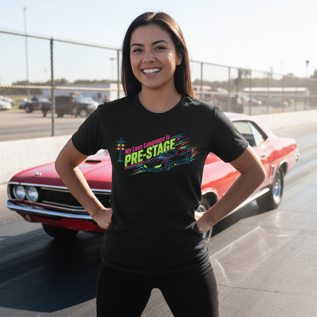 Woman wearing a black t-shirt with colorful text 'My Love Language is Pre-Stage' and graphic, standing in front of a red car on a track.
