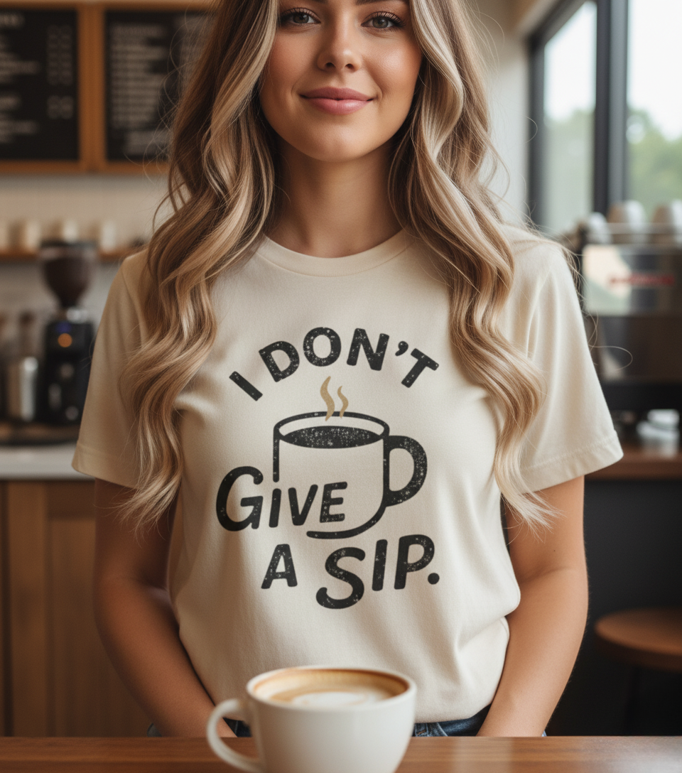 Woman wearing a t-shirt with 'I Don't Give a Sip' design in a coffee shop.