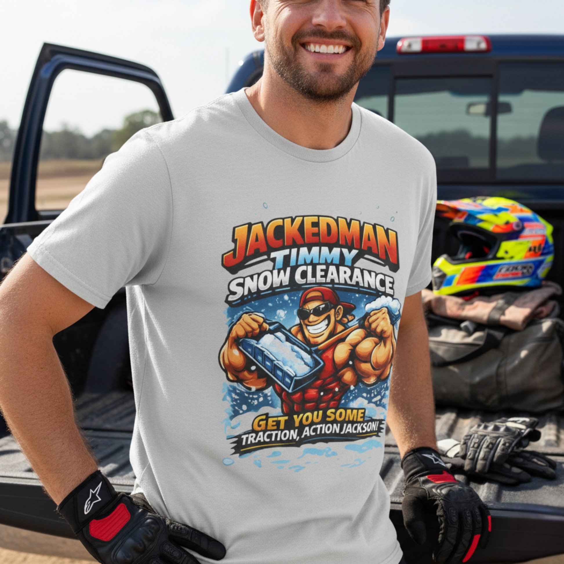 Man wearing a silver Bella+Canvas 3001 t-shirt with a graphic design of a muscular character and 'Jackedman Timmy Snow Clearence Get You Some Traction, Action Jackson' text, standing next to a truck.
