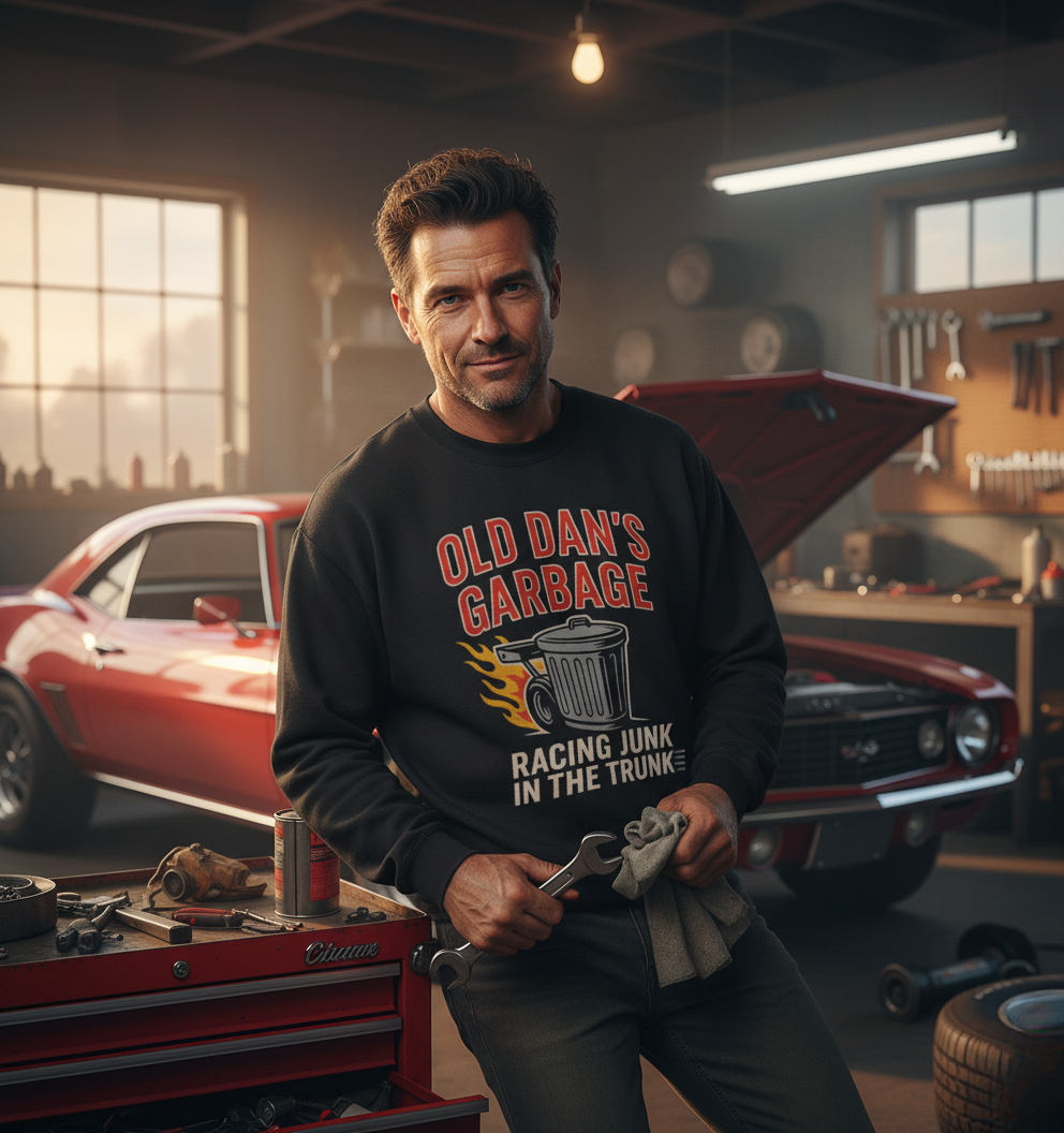 Man wearing Old Dan's Garbage racing sweatshirt in a garage with a red muscle car.