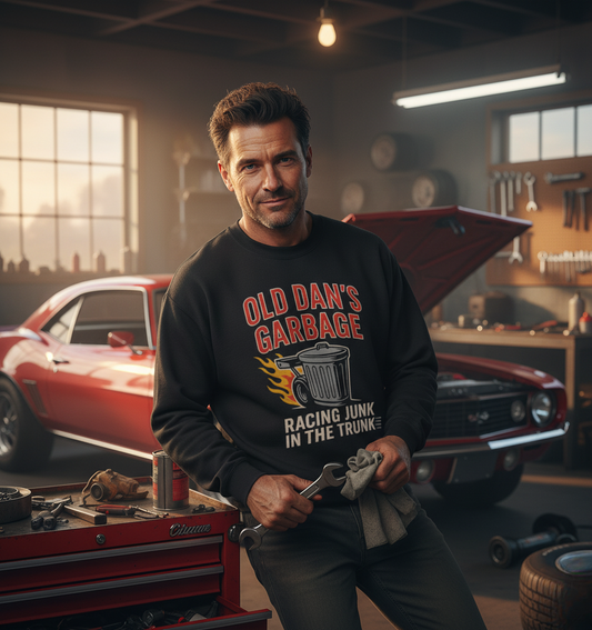 Man wearing Old Dan's Garbage racing sweatshirt in a garage with a red muscle car.