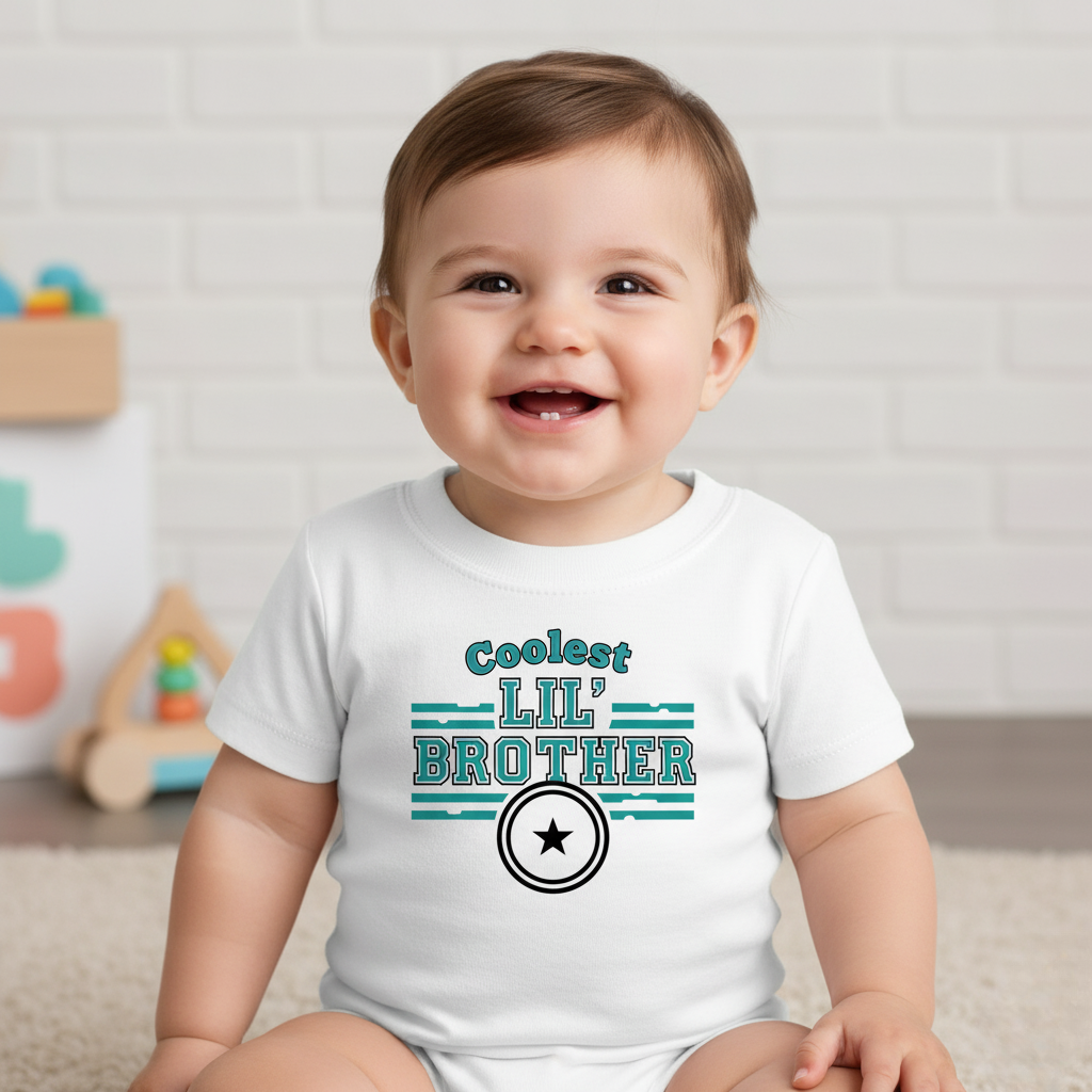 Baby wearing a 'Coolest Lil' Brother' shirt in a room with toys.