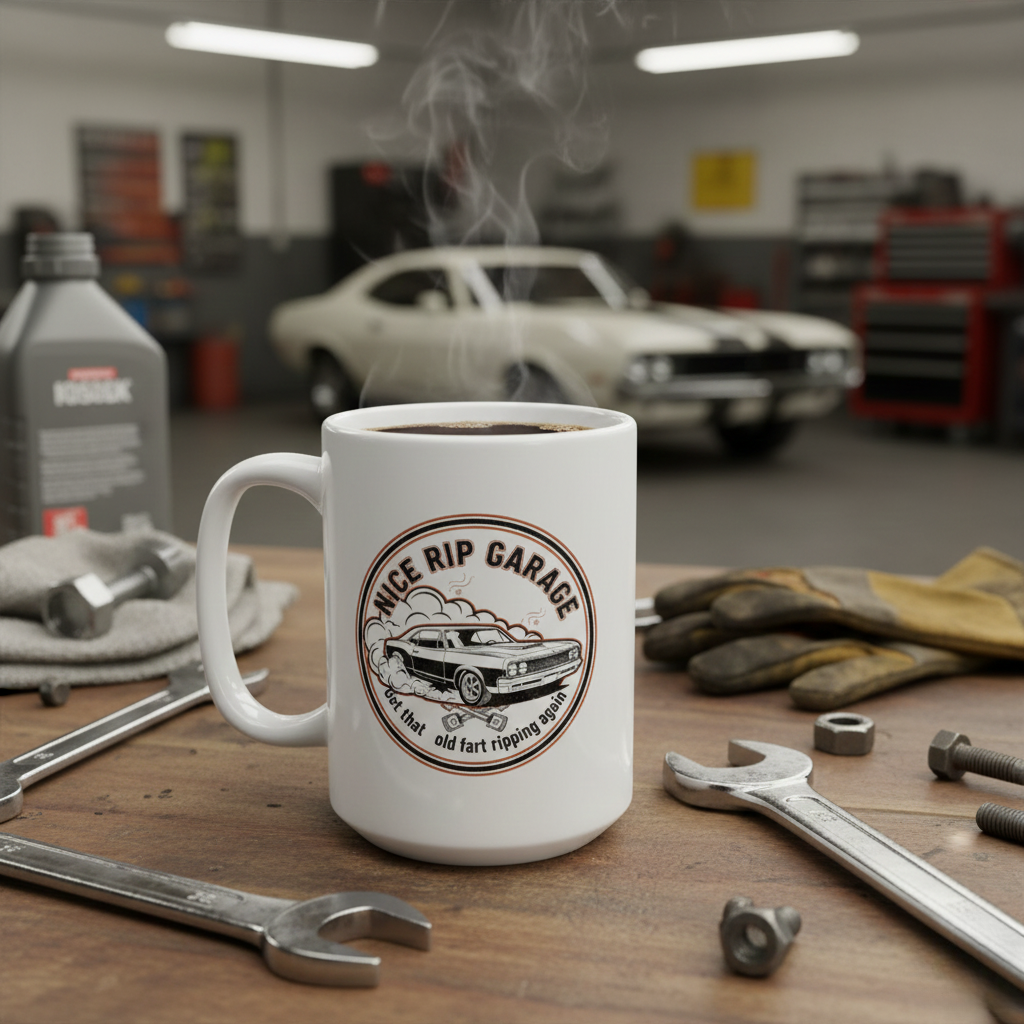 White mug with 'Nice Rip Garage' design on a workshop table with tools and a car in the background