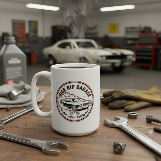 White mug with 'Nice Rip Garage' design on a workshop table with tools and a car in the background